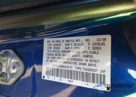 2008 Honda Accord 2.4 Ex-L from USA, damaged, VIN 1HGCS12838A016717